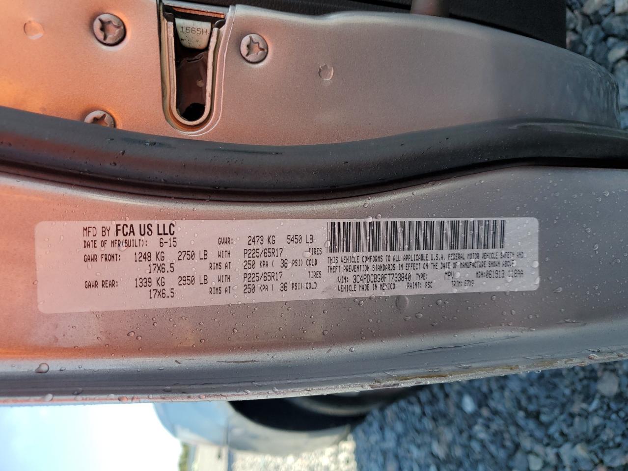 2015 Dodge Journey Sxt VIN: 3C4PDCBG0FT733840 Lot: 84888075