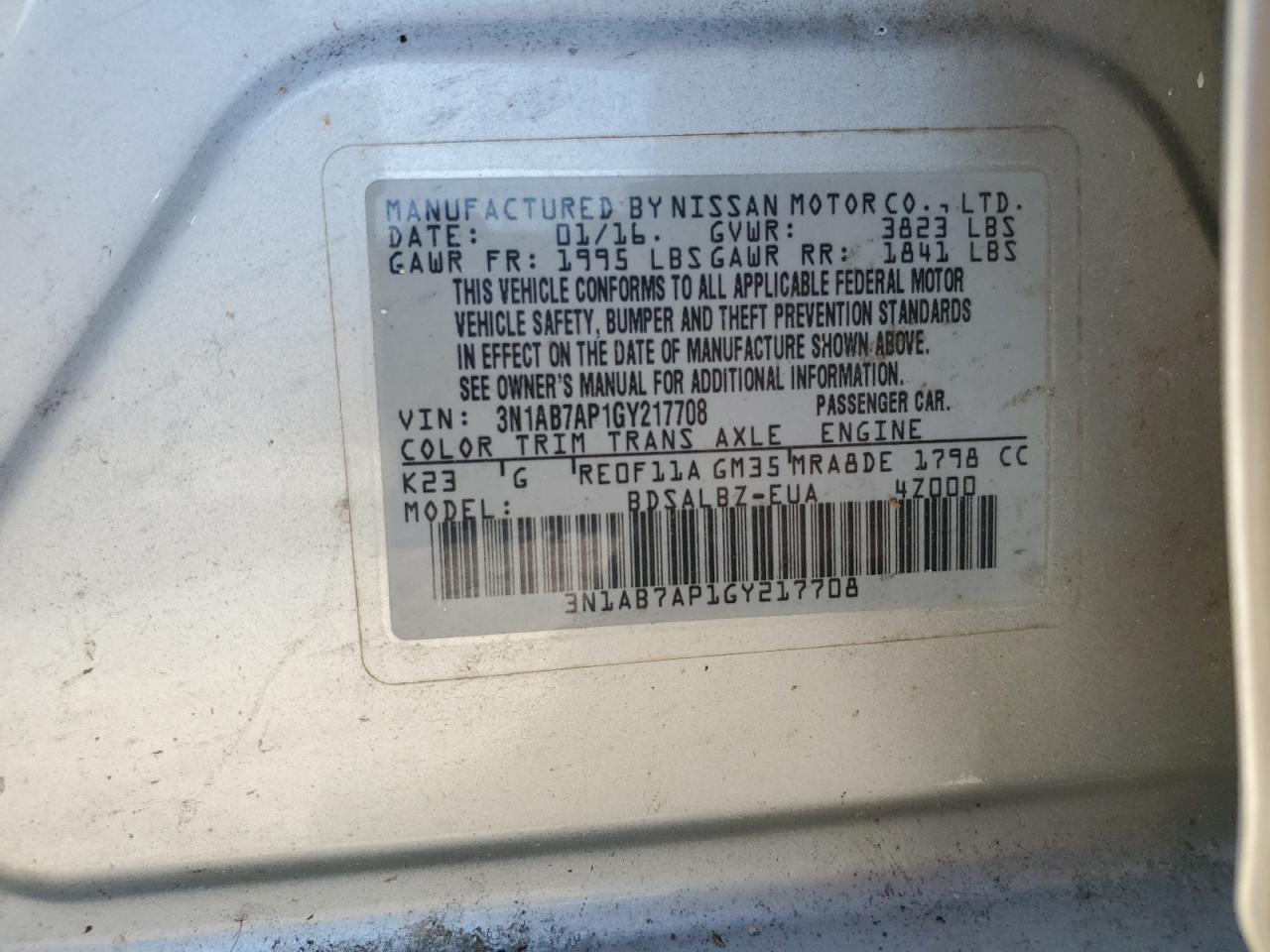 2016 Nissan Sentra S VIN: 3N1AB7AP1GY217708 Lot: 82687055