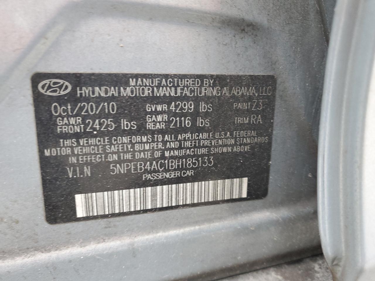 2011 Hyundai Sonata Gls VIN: 5NPEB4AC1BH185133 Lot: 81366845