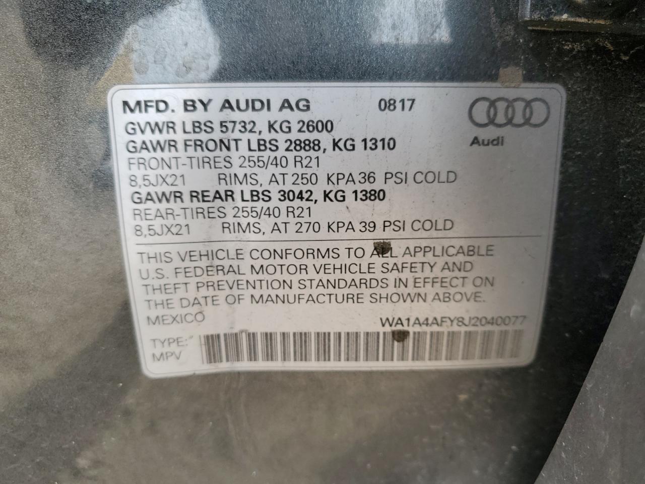 2018 Audi Sq5 Premium Plus VIN: WA1A4AFY8J2040077 Lot: 89914625