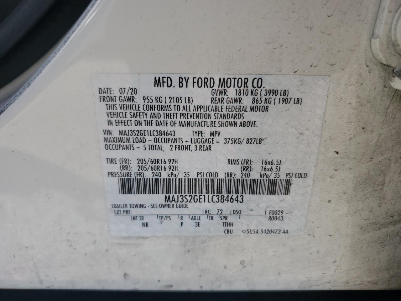 2020 Ford Ecosport Se VIN: MAJ3S2GE1LC384643 Lot: 90290435