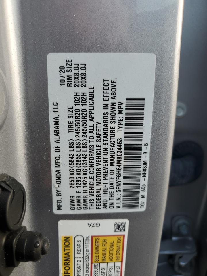 2021 Honda Pilot Touring VIN: 5FNYF6H64MB034463 Lot: 85641045