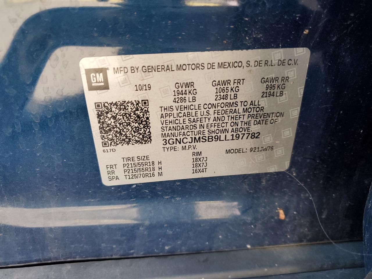 2020 Chevrolet Trax Premier VIN: 3GNCJMSB9LL197782 Lot: 87281865