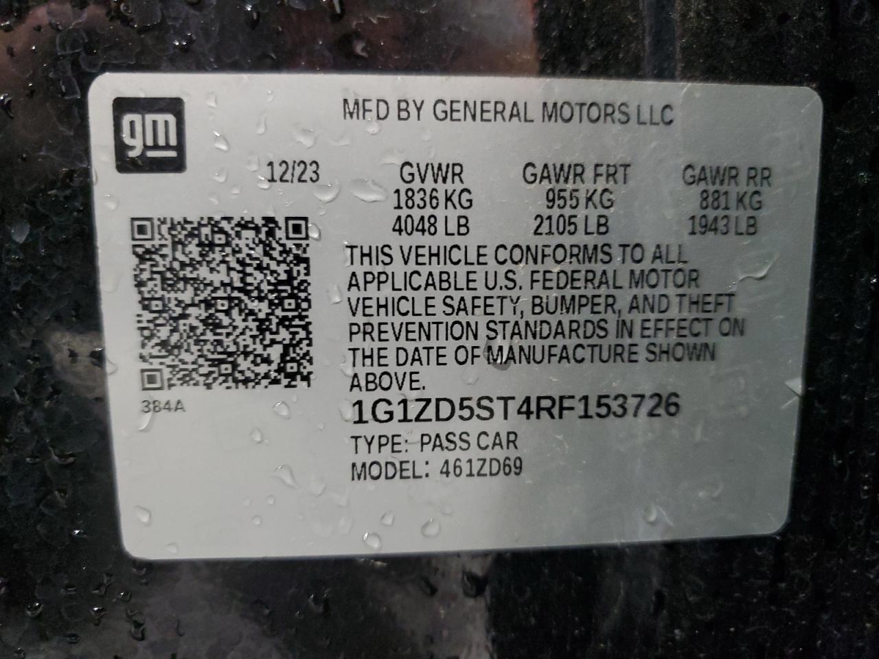 2024 Chevrolet Malibu Lt VIN: 1G1ZD5ST4RF153726 Lot: 86544255