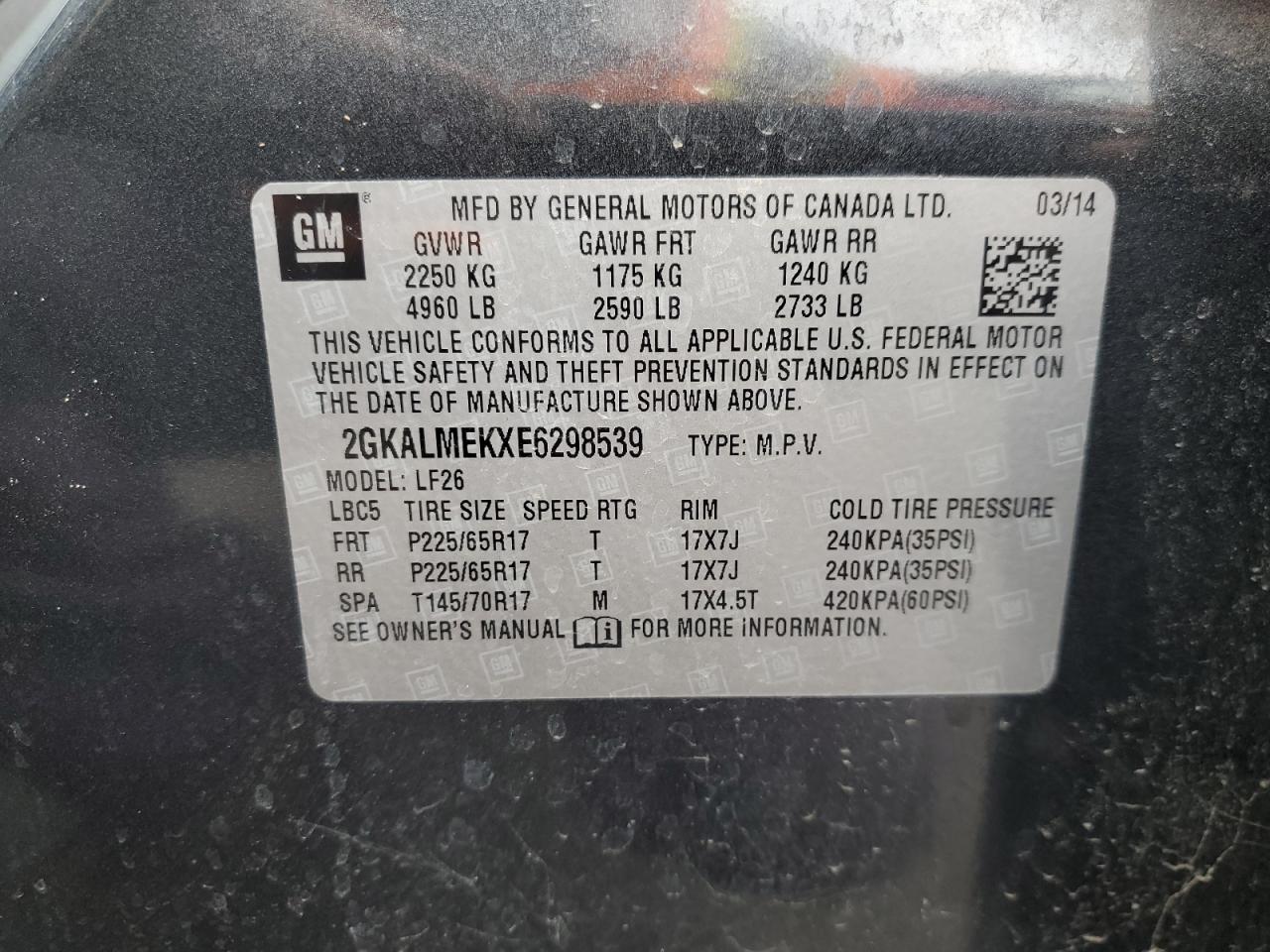 2014 GMC Terrain Sle VIN: 2GKALMEKXE6298539 Lot: 82542535