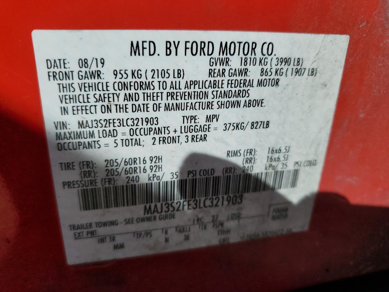 2020 Ford Ecosport S VIN: MAJ3S2FE3LC321903 Lot: 90611575