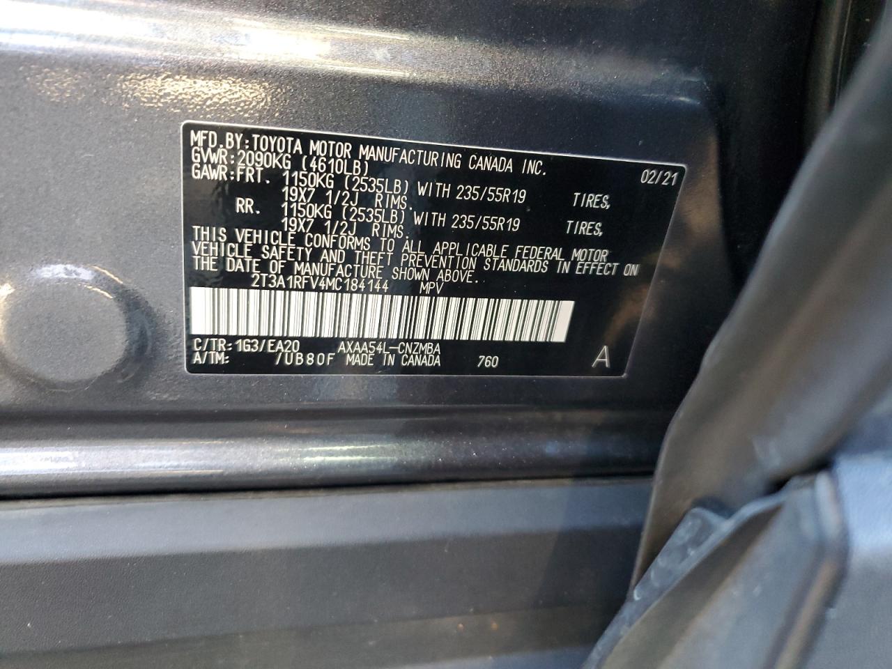 2021 Toyota Rav4 Xle Premium VIN: 2T3A1RFV4MC184144 Lot: 86829615