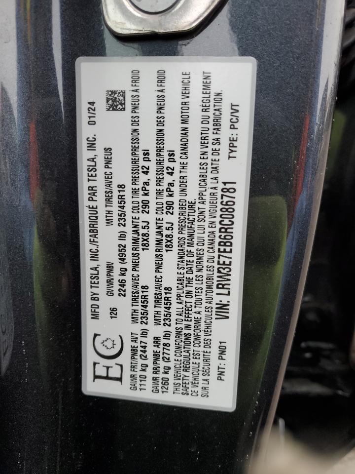 2024 Tesla Model 3 VIN: LRW3E7EB6RC086781 Lot: 90046885