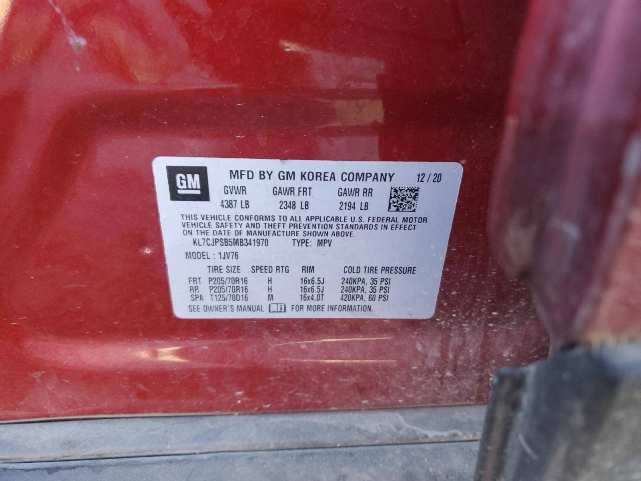 2021 Chevrolet Trax 1Lt VIN: KL7CJPSB5MB341970 Lot: 82560265