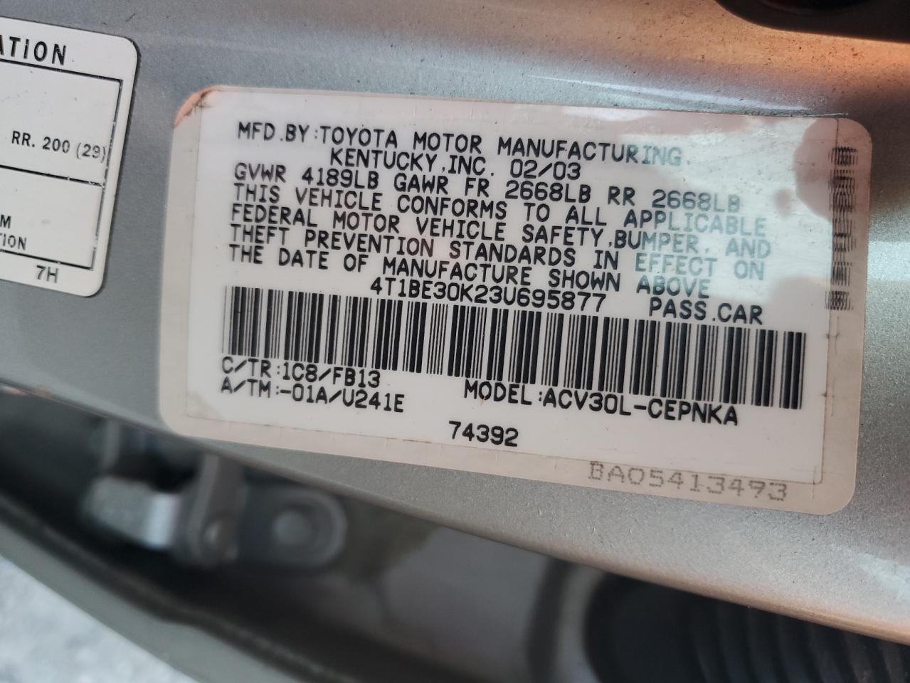 2003 Toyota Camry Le VIN: 4T1BE30K23U695877 Lot: 84781465