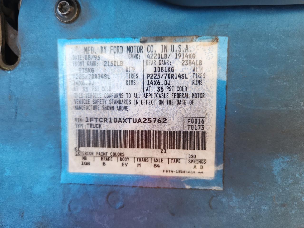 1996 Ford Ranger VIN: 1FTCR10AXTUA25762 Lot: 85389875