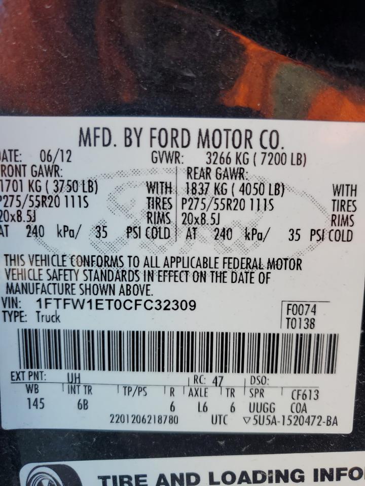 2012 Ford F150 Supercrew VIN: 1FTFW1ET0CFC32309 Lot: 87266565