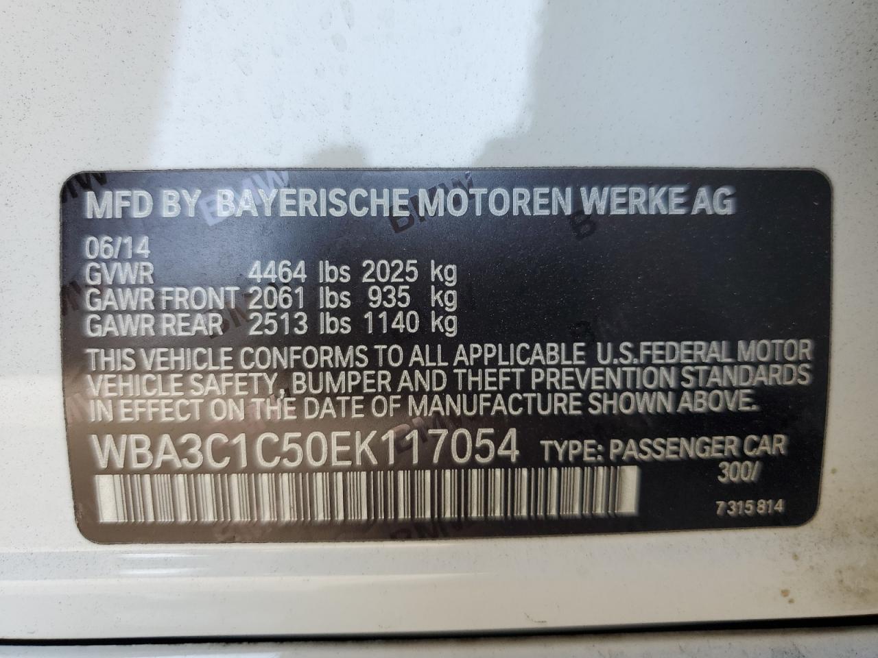 2014 BMW 328 I Sulev VIN: WBA3C1C50EK117054 Lot: 81924775