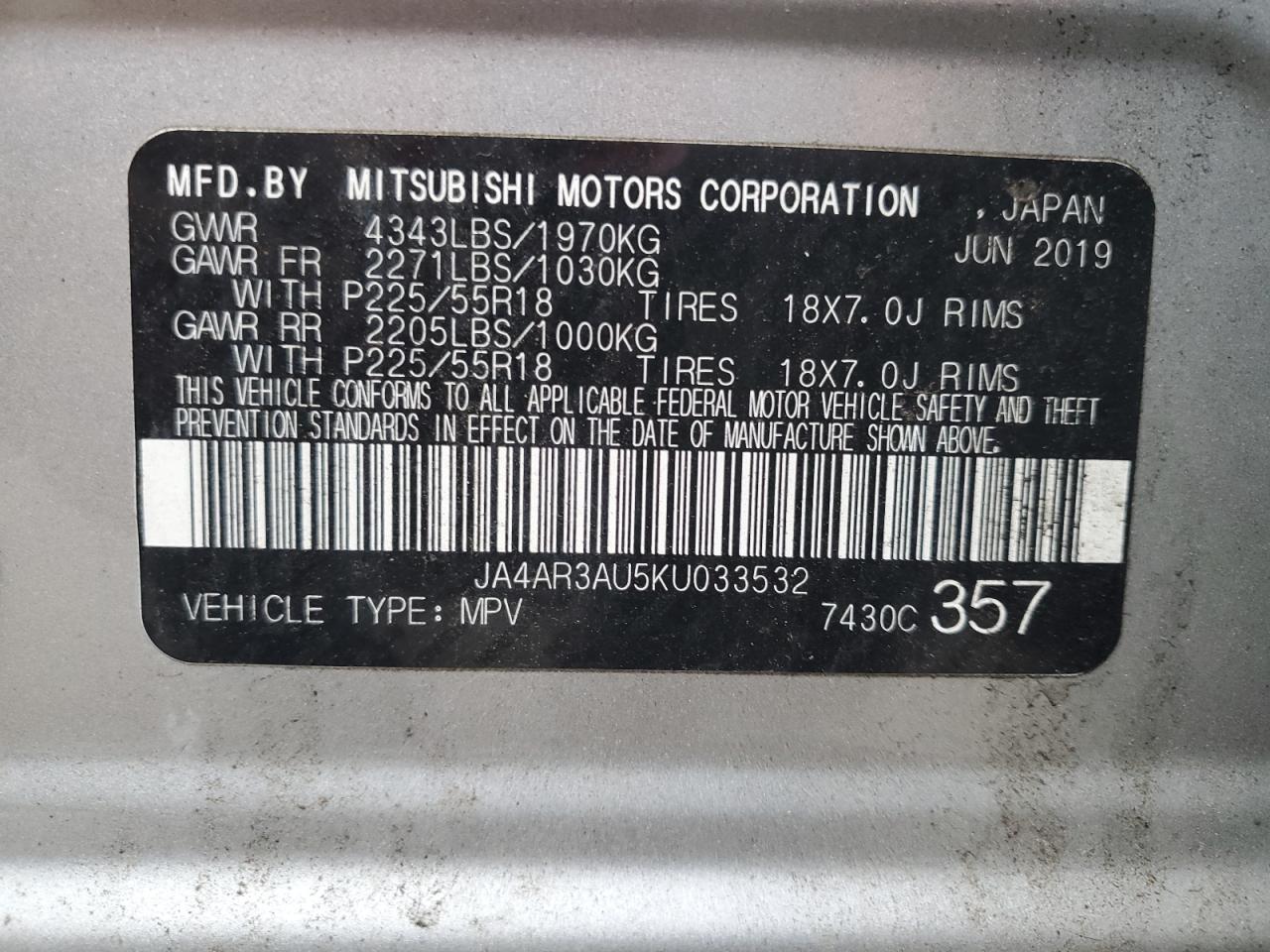 2019 Mitsubishi Outlander Sport Es VIN: JA4AR3AU5KU033532 Lot: 89514735