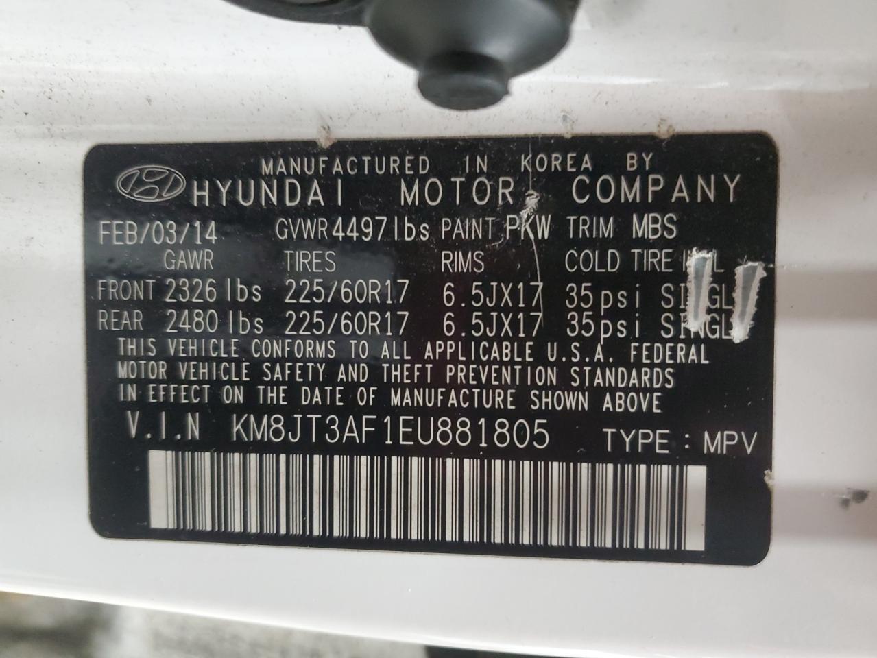 2014 Hyundai Tucson Gls VIN: KM8JT3AF1EU881805 Lot: 86064025