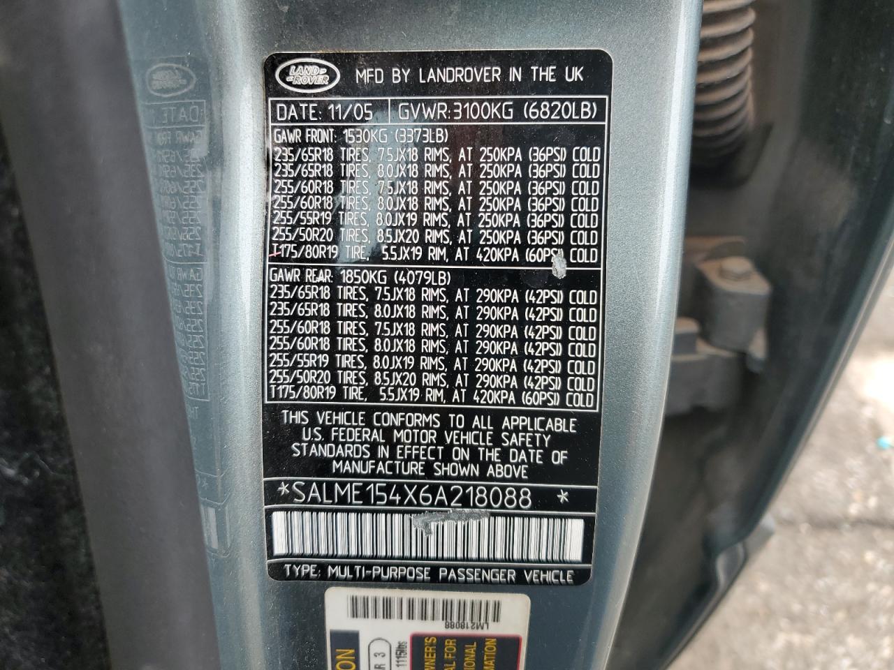 2006 Land Rover Range Rover Hse VIN: SALME154X6A218088 Lot: 85540985