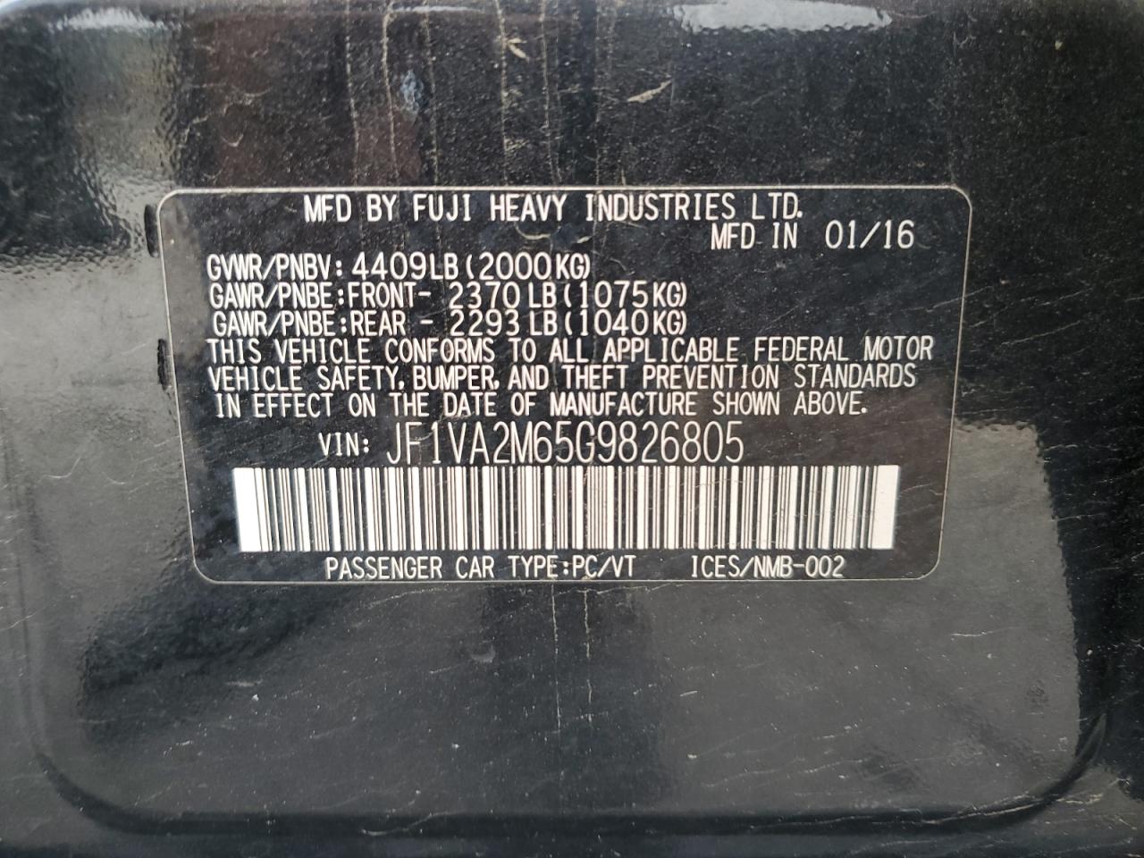 2016 Subaru Wrx Sti VIN: JF1VA2M65G9826805 Lot: 84874965