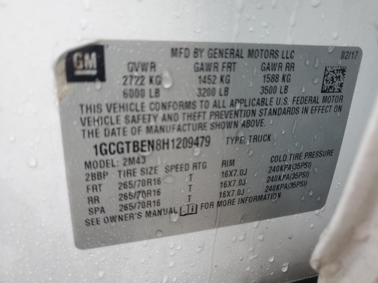 2017 Chevrolet Colorado VIN: 1GCGTBEN8H1209479 Lot: 86167455