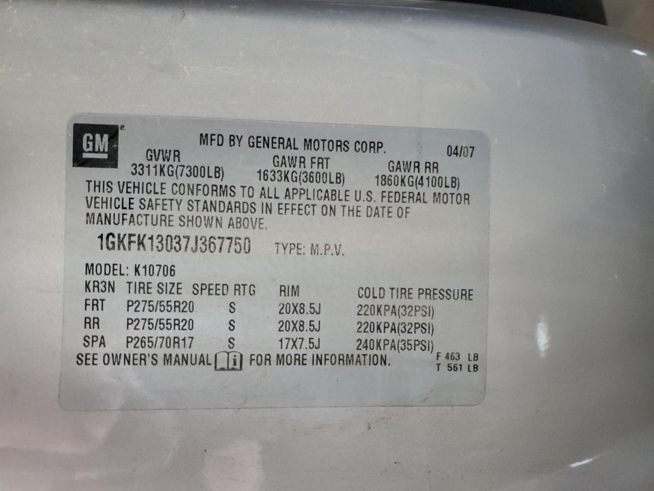 2007 GMC Yukon VIN: 1GKFK13037J367750 Lot: 90804025