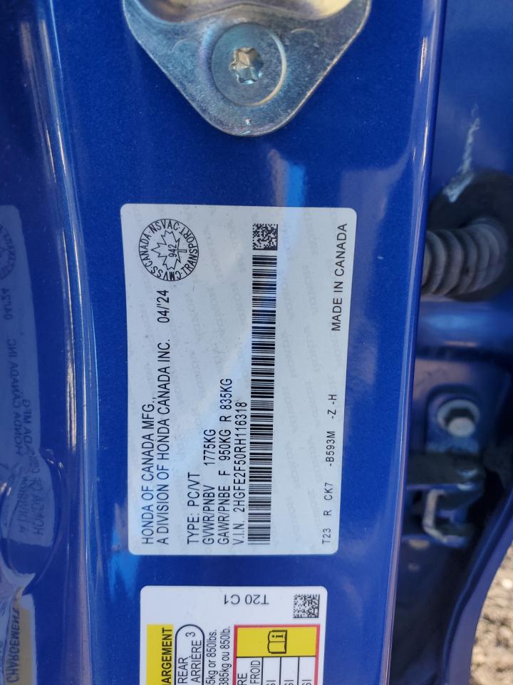 2024 Honda Civic Sport VIN: 2HGFE2F50RH116318 Lot: 85112945