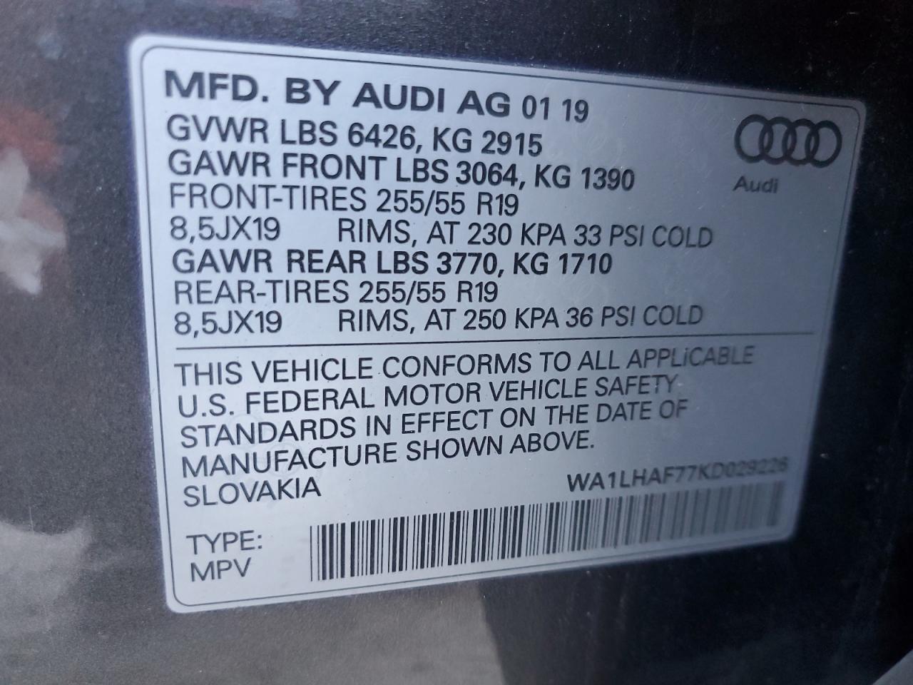 2019 Audi Q7 Premium Plus VIN: WA1LHAF77KD029226 Lot: 89628775