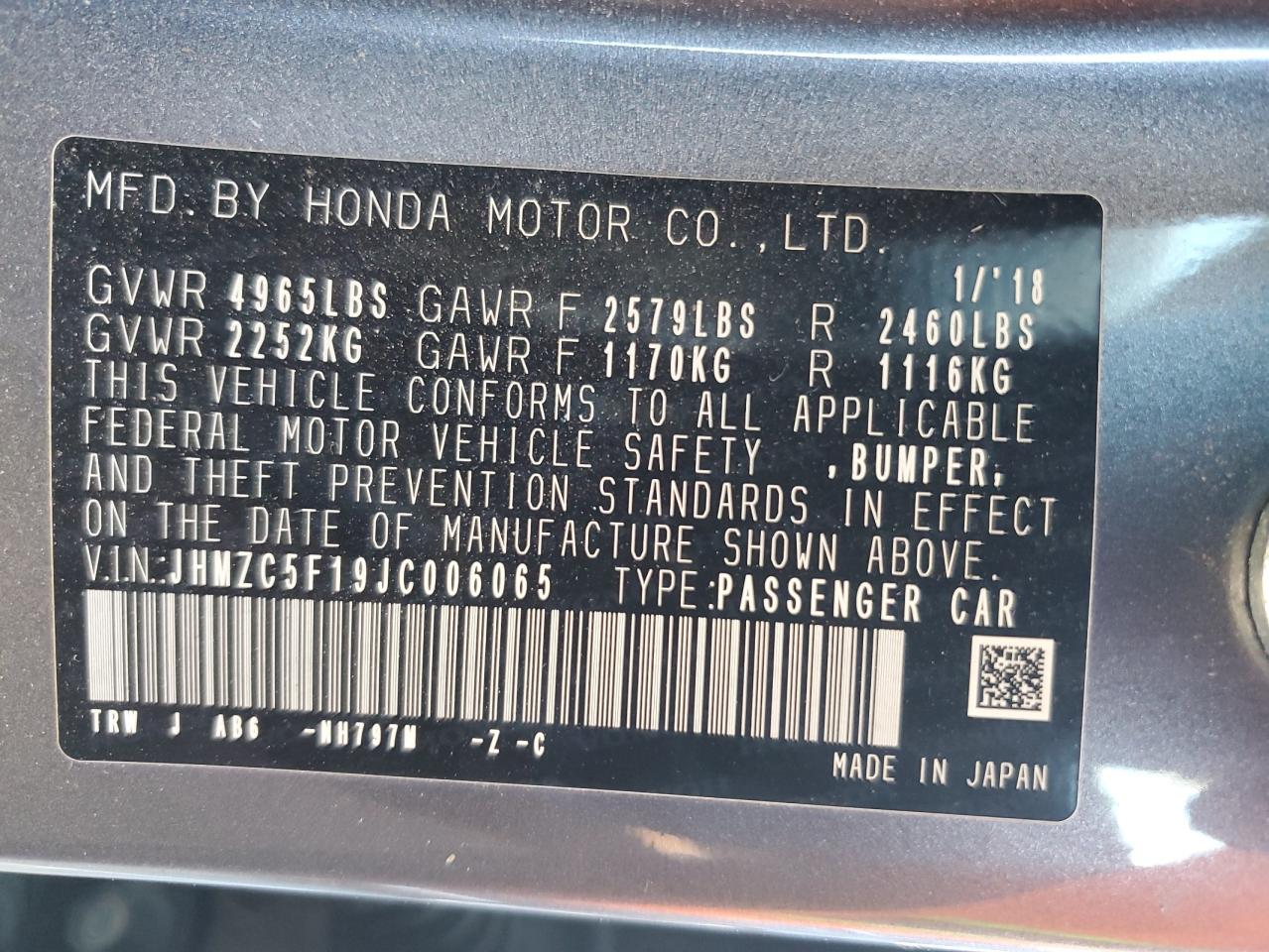 2018 Honda Clarity VIN: JHMZC5F19JC006065 Lot: 86489235