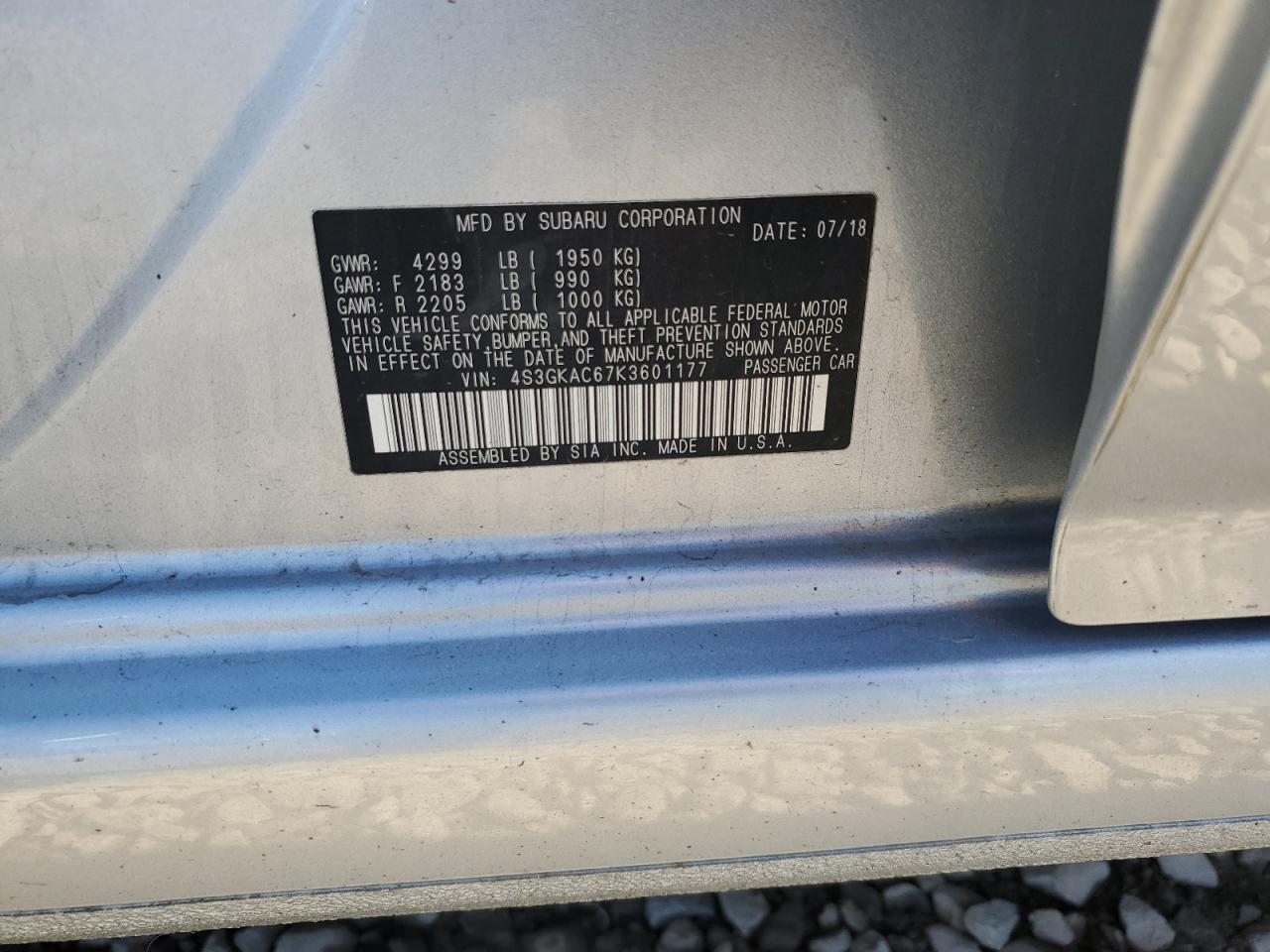 2019 Subaru Impreza Premium VIN: 4S3GKAC67K3601177 Lot: 85916535