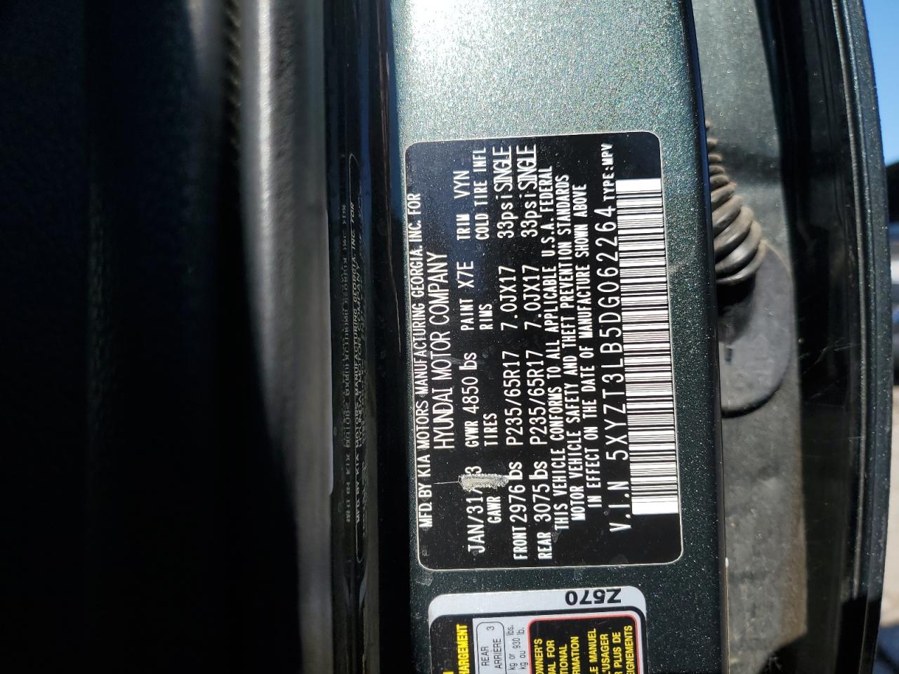 2013 Hyundai Santa Fe Sport VIN: 5XYZT3LB5DG062264 Lot: 85555945