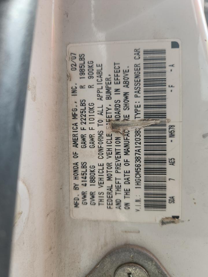 2007 Honda Accord Se VIN: 1HGCM56387A120389 Lot: 86315495