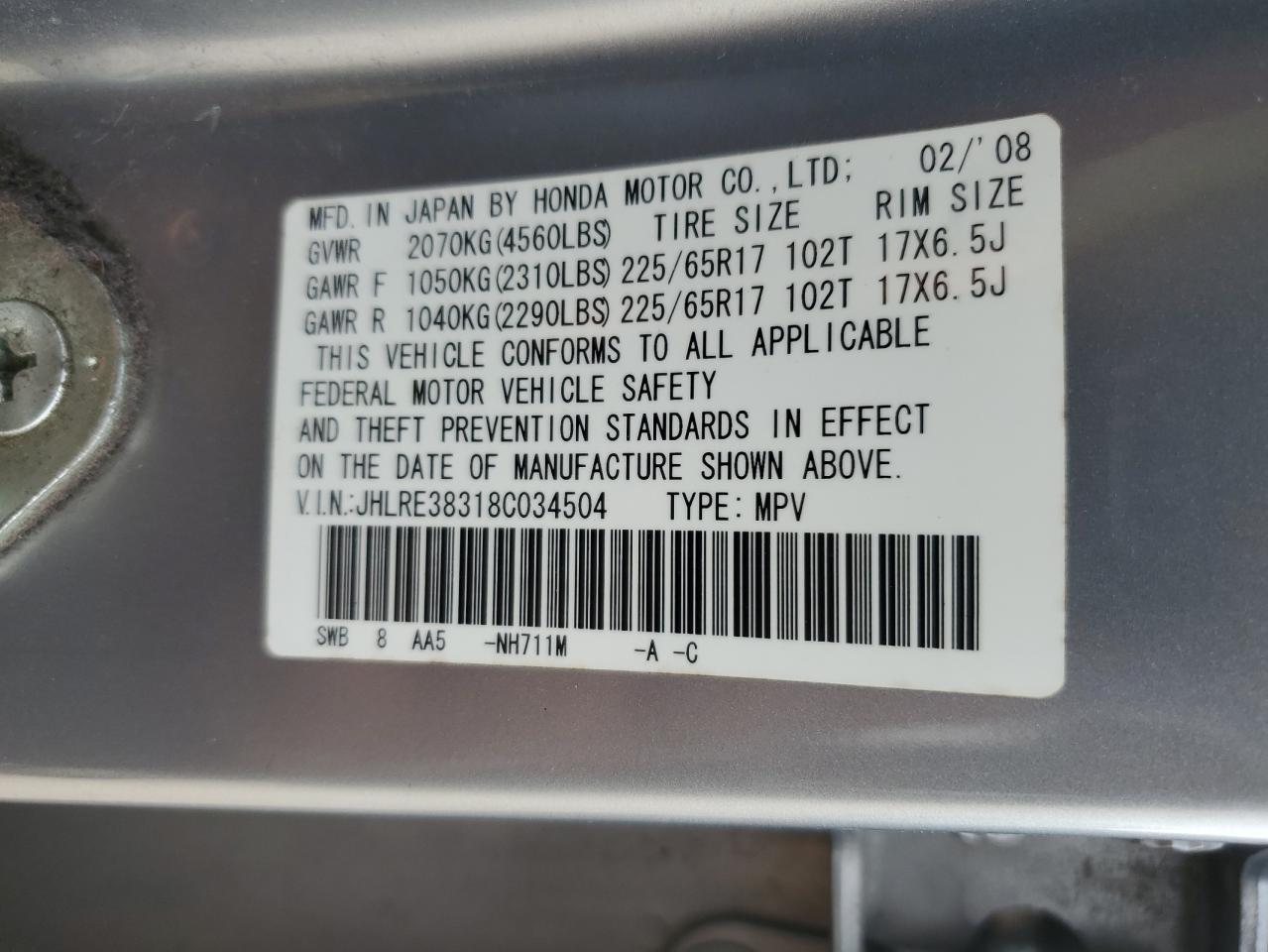 2008 Honda Cr-V Lx VIN: JHLRE38318C034504 Lot: 87126845