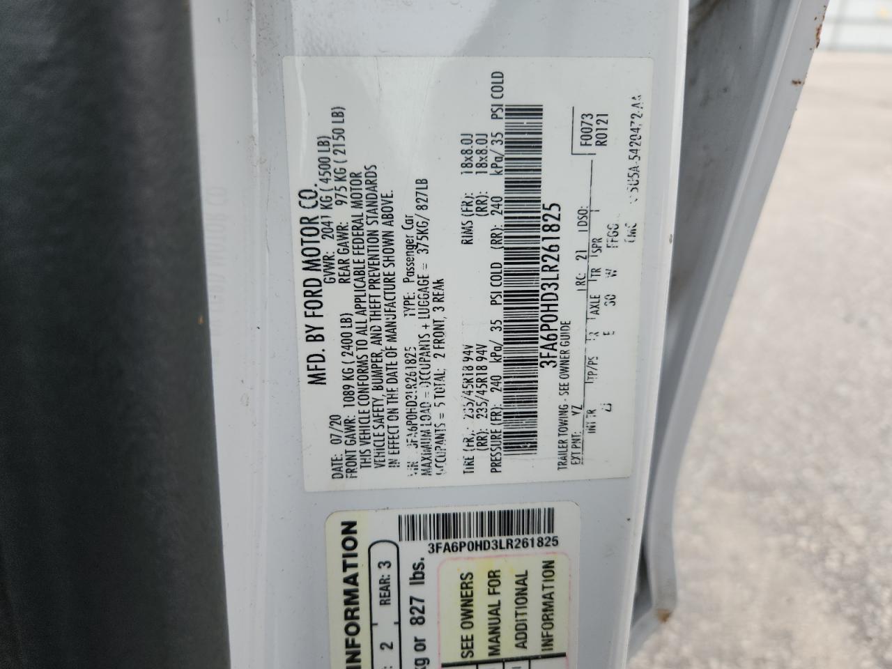 2020 Ford Fusion Se VIN: 3FA6P0HD3LR261825 Lot: 70767665