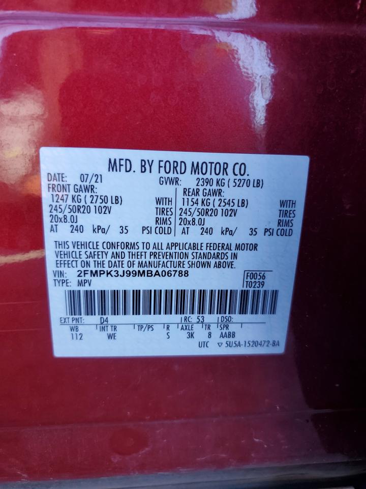 2021 Ford Edge Sel VIN: 2FMPK3J99MBA06788 Lot: 90991695