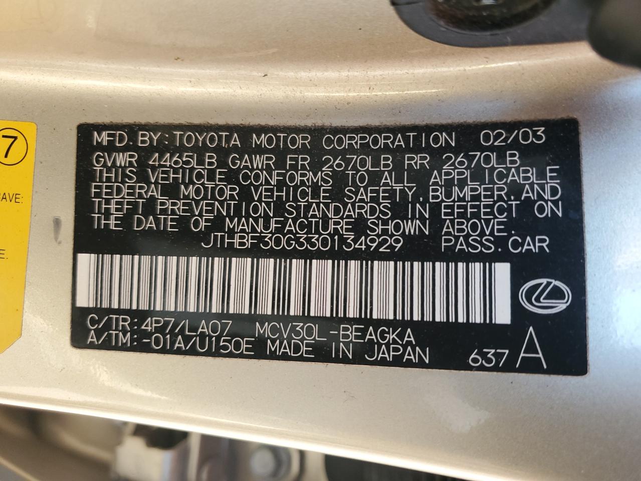2003 Lexus Es 300 VIN: JTHBF30G330134929 Lot: 85689465