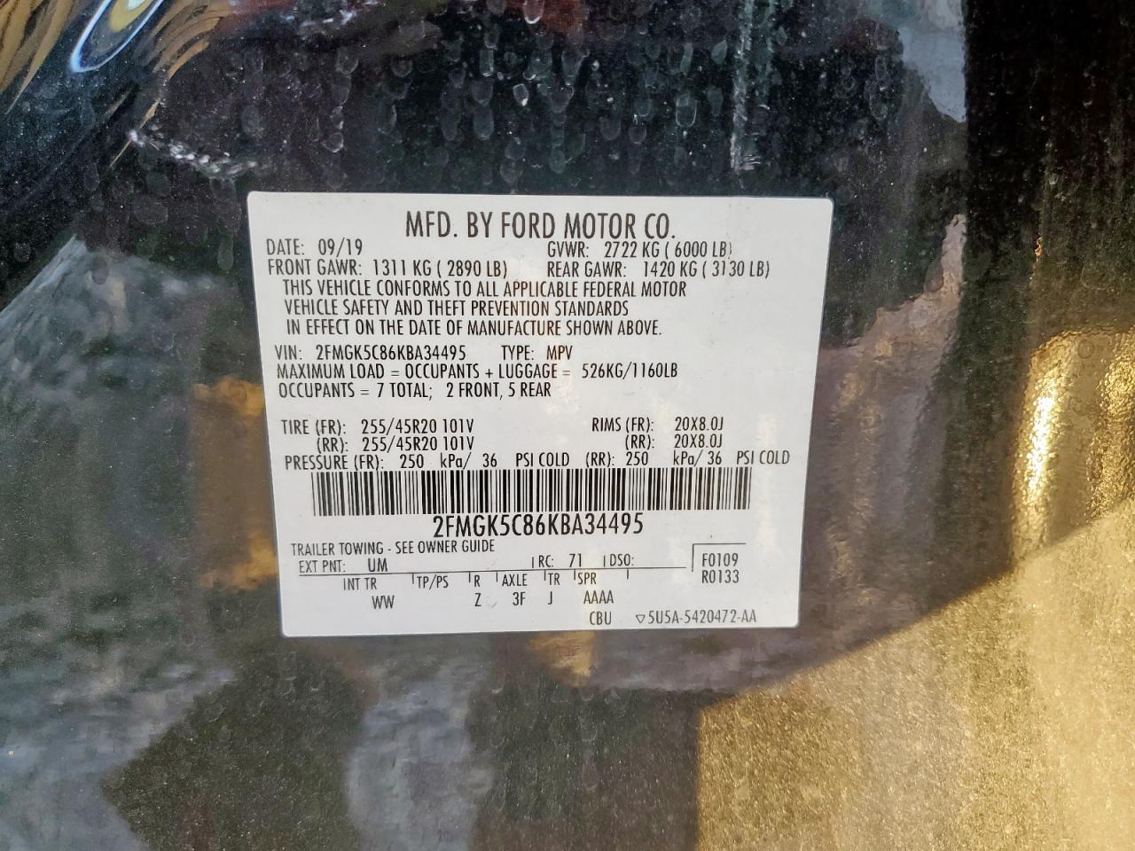 2019 Ford Flex Sel VIN: 2FMGK5C86KBA34495 Lot: 82290915