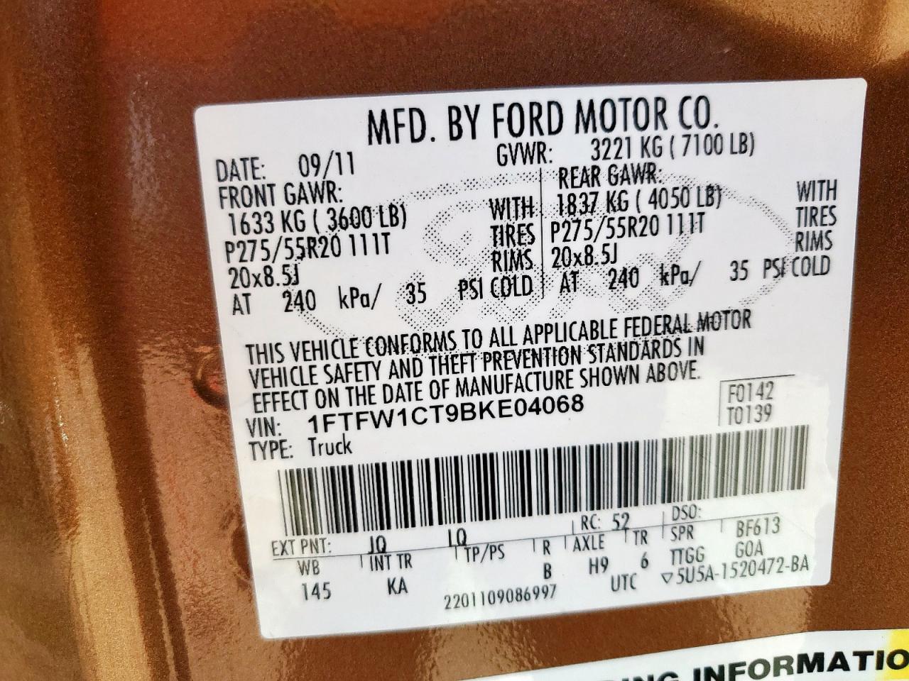 2011 Ford F150 Supercrew VIN: 1FTFW1CT9BKE04068 Lot: 90705155