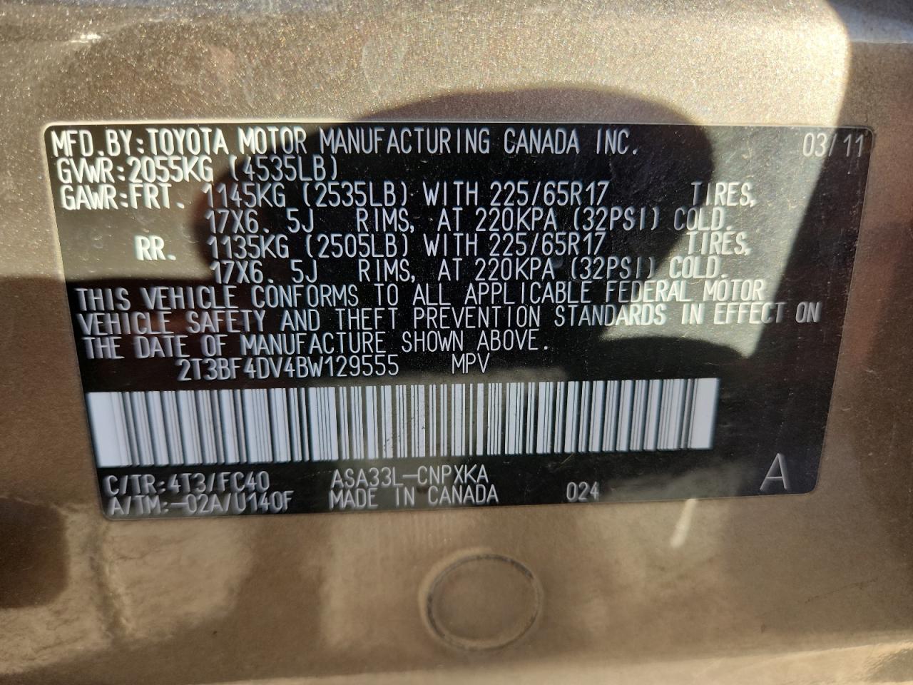 2011 Toyota Rav4 VIN: 2T3BF4DV4BW129555 Lot: 82262785