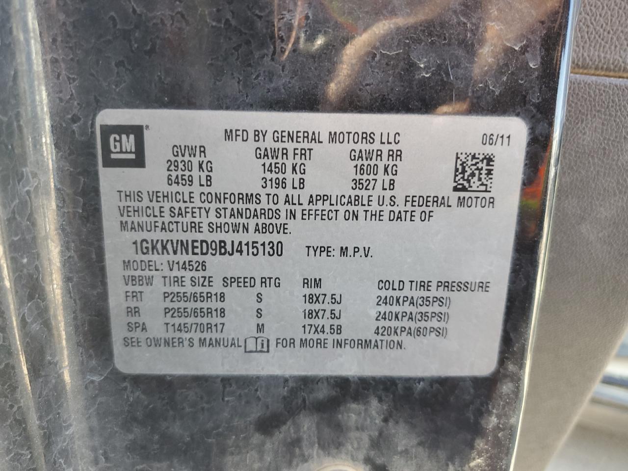 2011 GMC Acadia Sle VIN: 1GKKVNED9BJ415130 Lot: 84559285