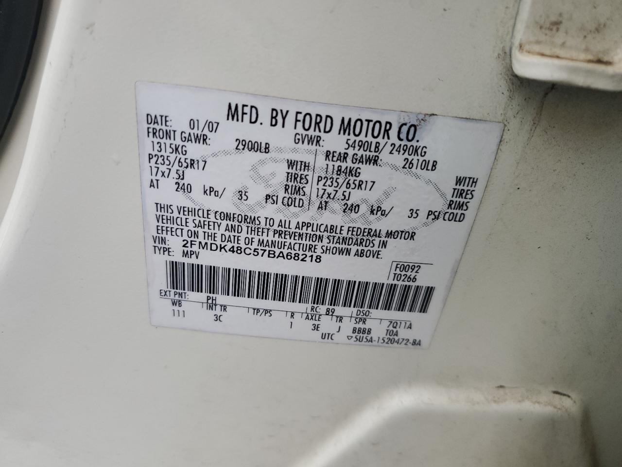 2007 Ford Edge Sel VIN: 2FMDK48C57BA68218 Lot: 90245075