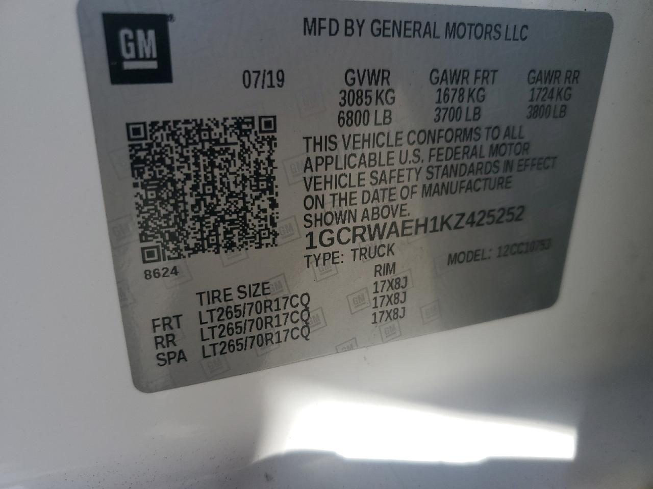 2019 Chevrolet Silverado C1500 VIN: 1GCRWAEH1KZ425252 Lot: 84888815