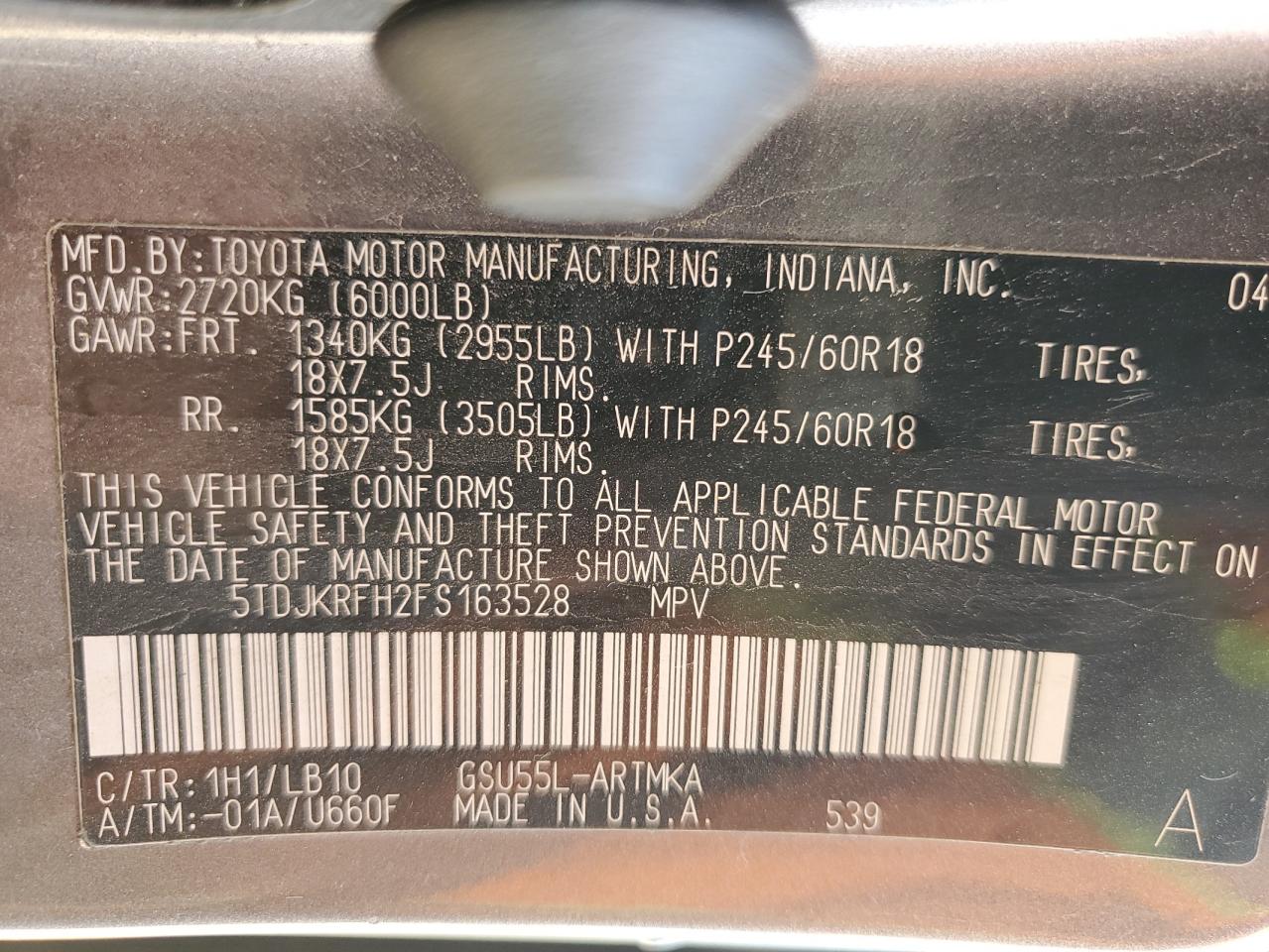 2015 Toyota Highlander Xle VIN: 5TDJKRFH2FS163528 Lot: 85159345