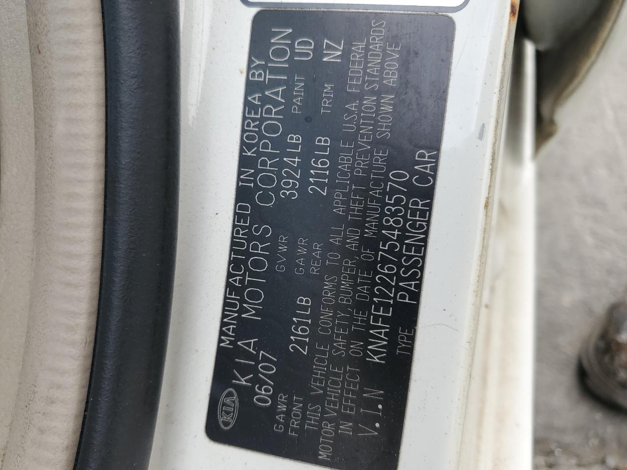 2007 Kia Spectra Ex VIN: KNAFE122675483570 Lot: 86328495