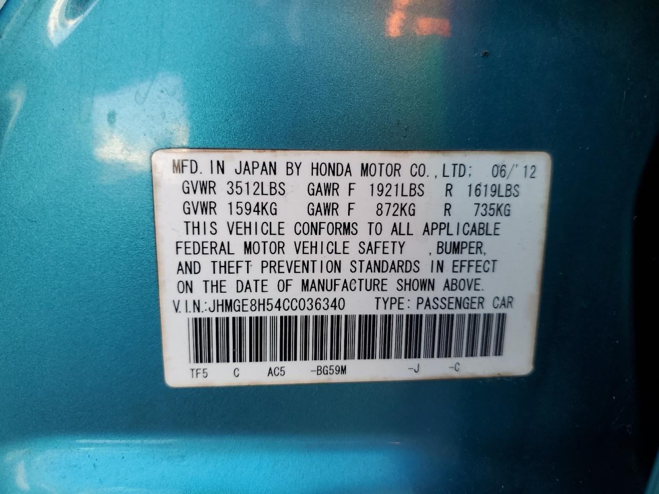 2012 Honda Fit Sport VIN: JHMGE8H54CC036340 Lot: 85751015