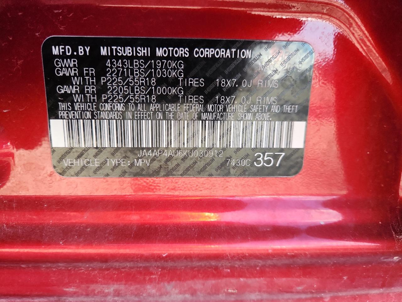 2019 Mitsubishi Outlander Sport Se VIN: JA4AP4AU6KU030912 Lot: 86167435