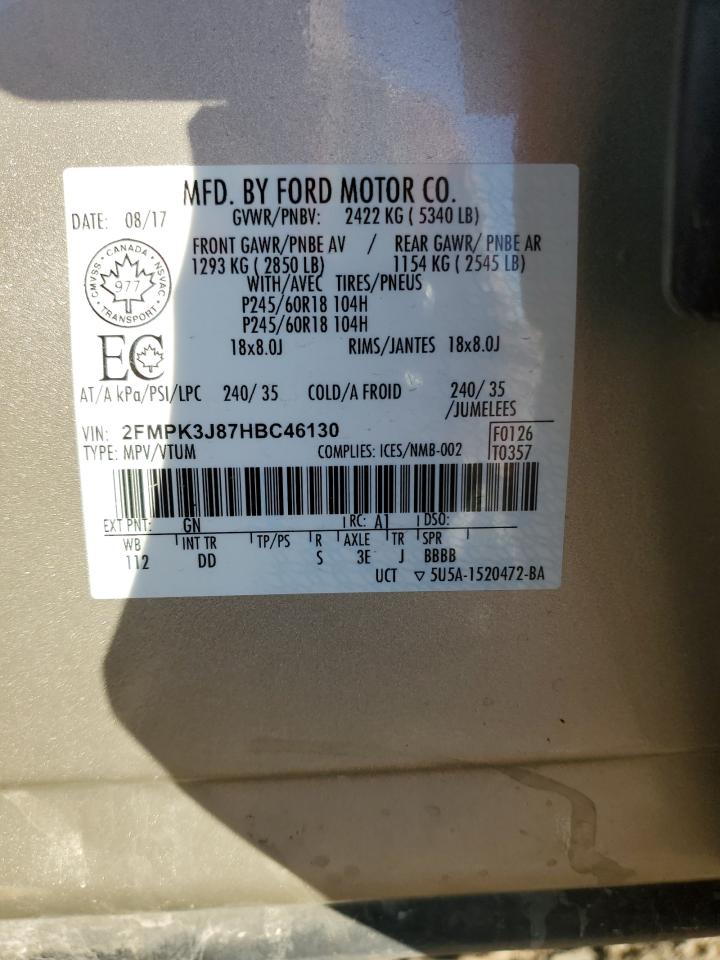 2017 Ford Edge Sel VIN: 2FMPK3J87HBC46130 Lot: 85489385