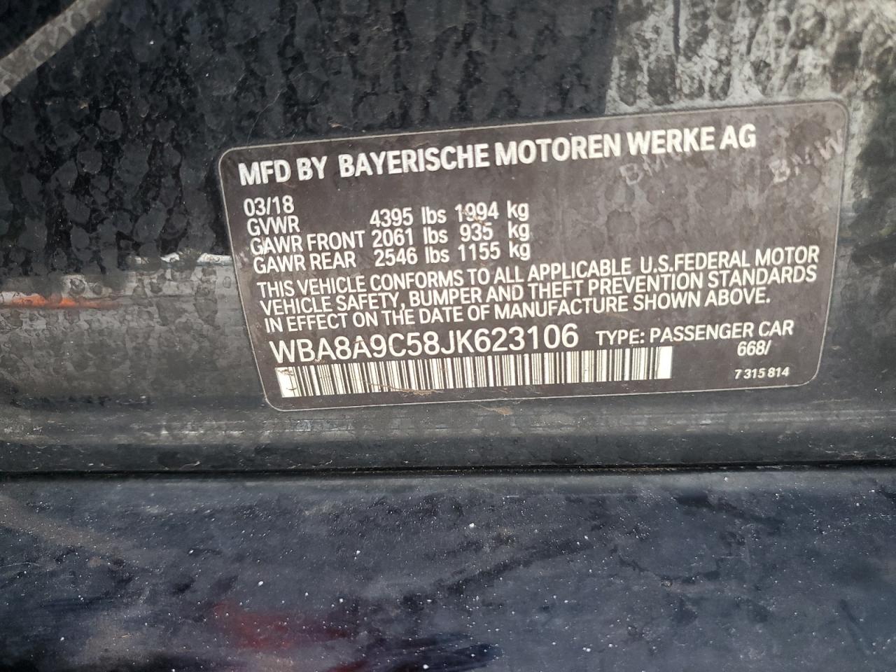 2018 BMW 320 I VIN: WBA8A9C58JK623106 Lot: 84813205