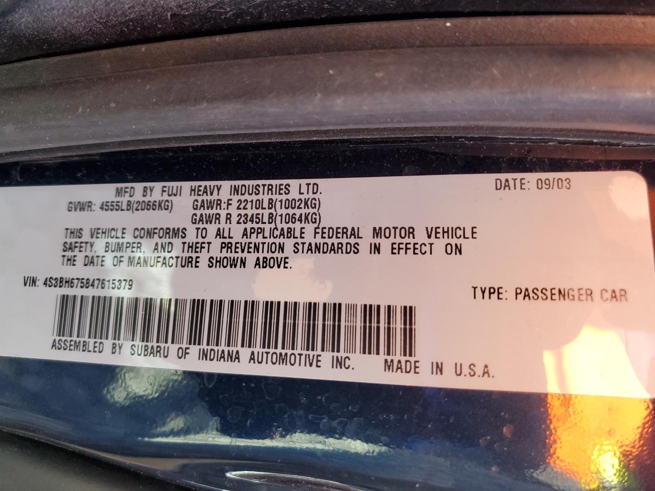 2004 Subaru Legacy Outback Awp VIN: 4S3BH675847615379 Lot: 85529085