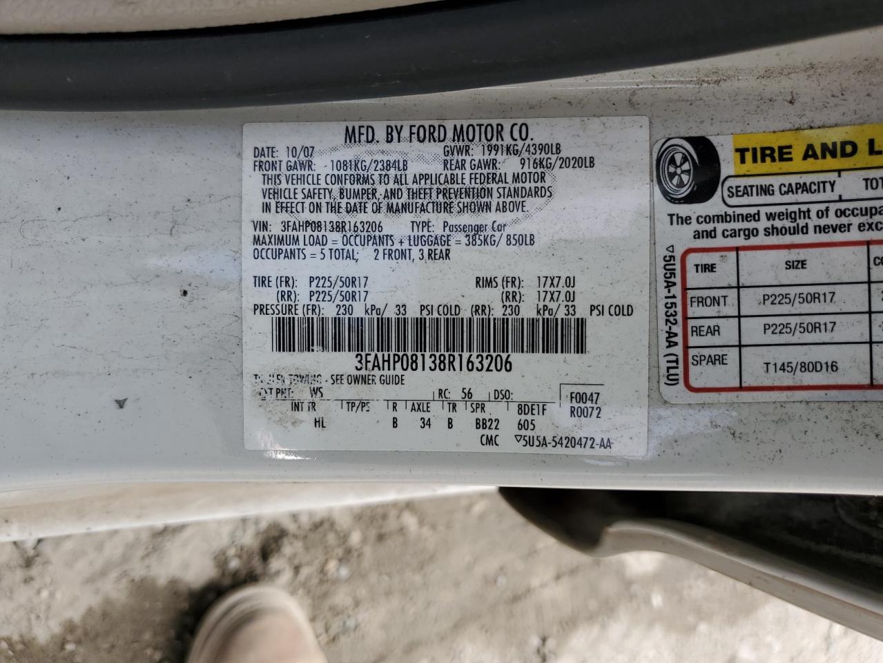 2008 Ford Fusion Sel VIN: 3FAHP08138R163206 Lot: 84991575