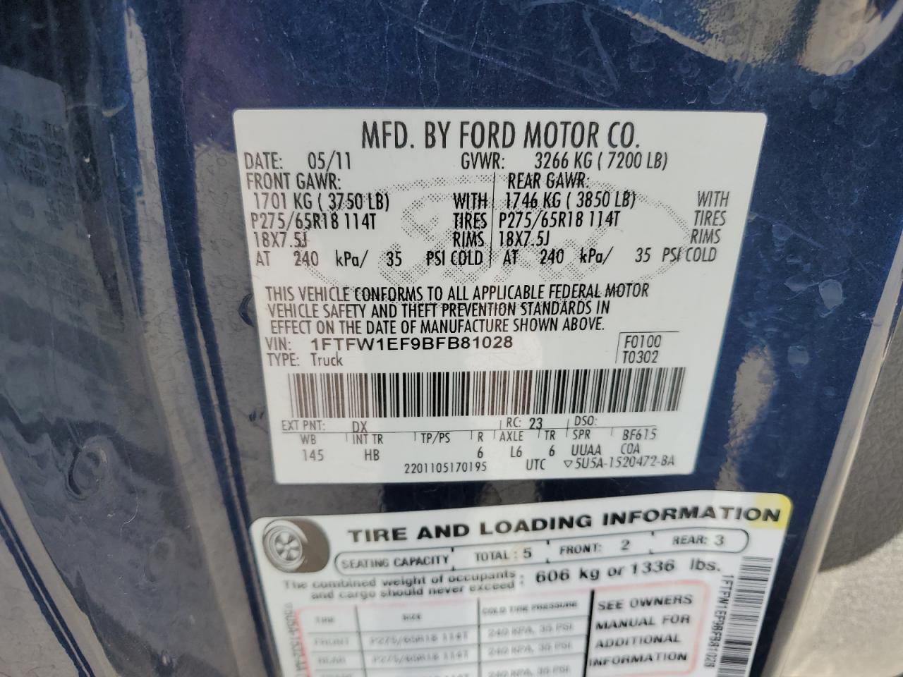 2011 Ford F150 Supercrew VIN: 1FTFW1EF9BFB81028 Lot: 89731805