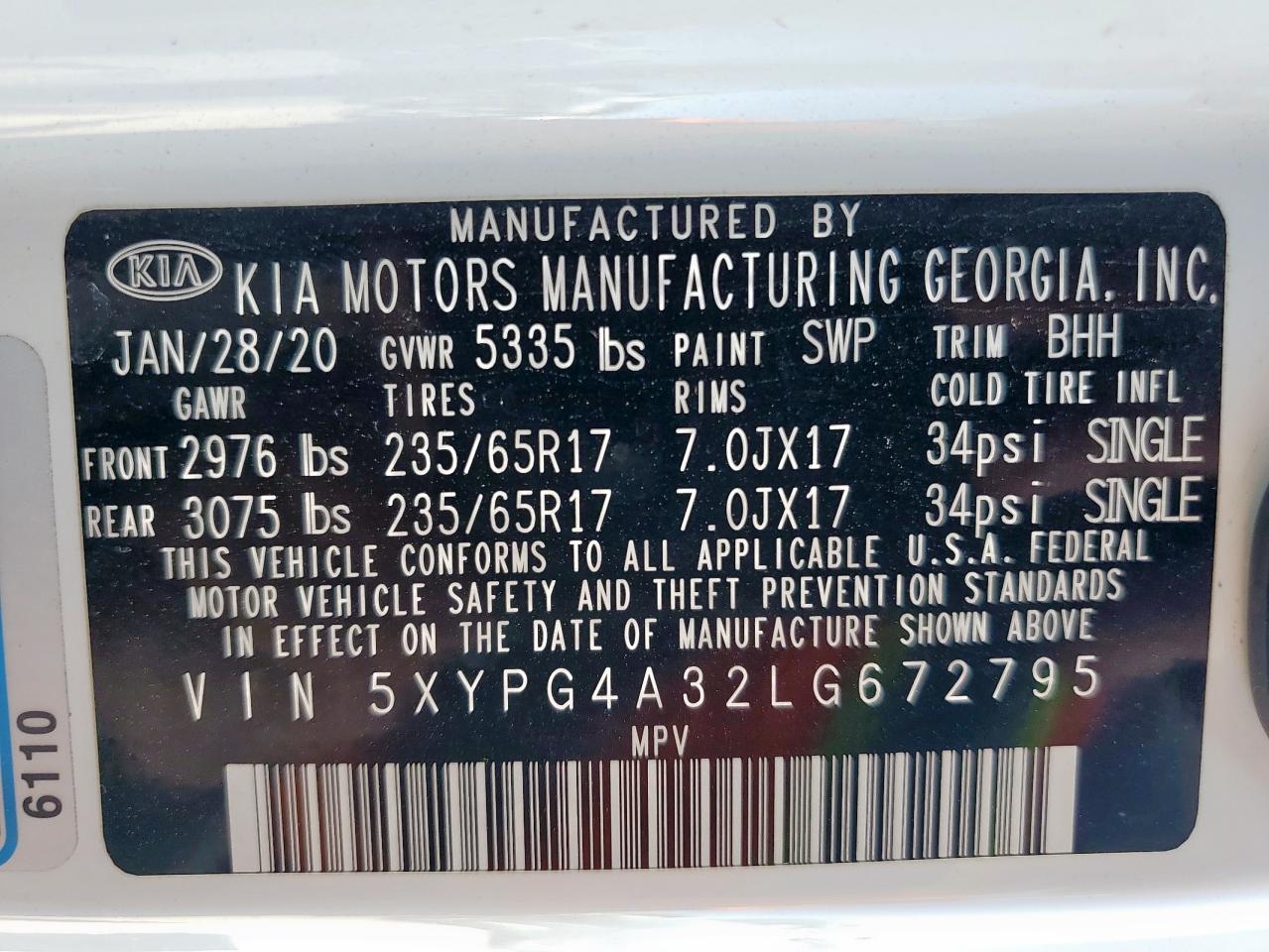 2020 Kia Sorento L VIN: 5XYPG4A32LG672795 Lot: 85304185