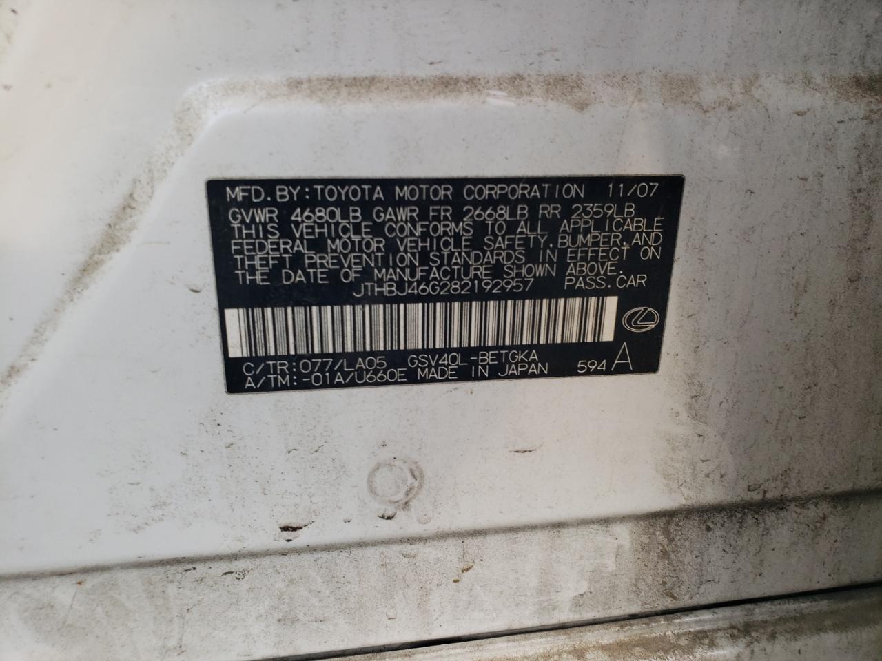 2008 Lexus Es 350 VIN: JTHBJ46G282192957 Lot: 86147065